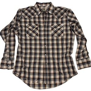 Ely Cattleman Men's Plaid Shirt - Brown, Black, and White L Pearl Snap Western
